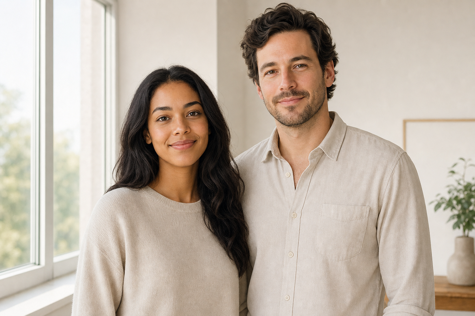 Woman with deeper skin tone and man with lighter skin tone standing together by a window, representing collagen banking skincare for all skin tones, Belldiva