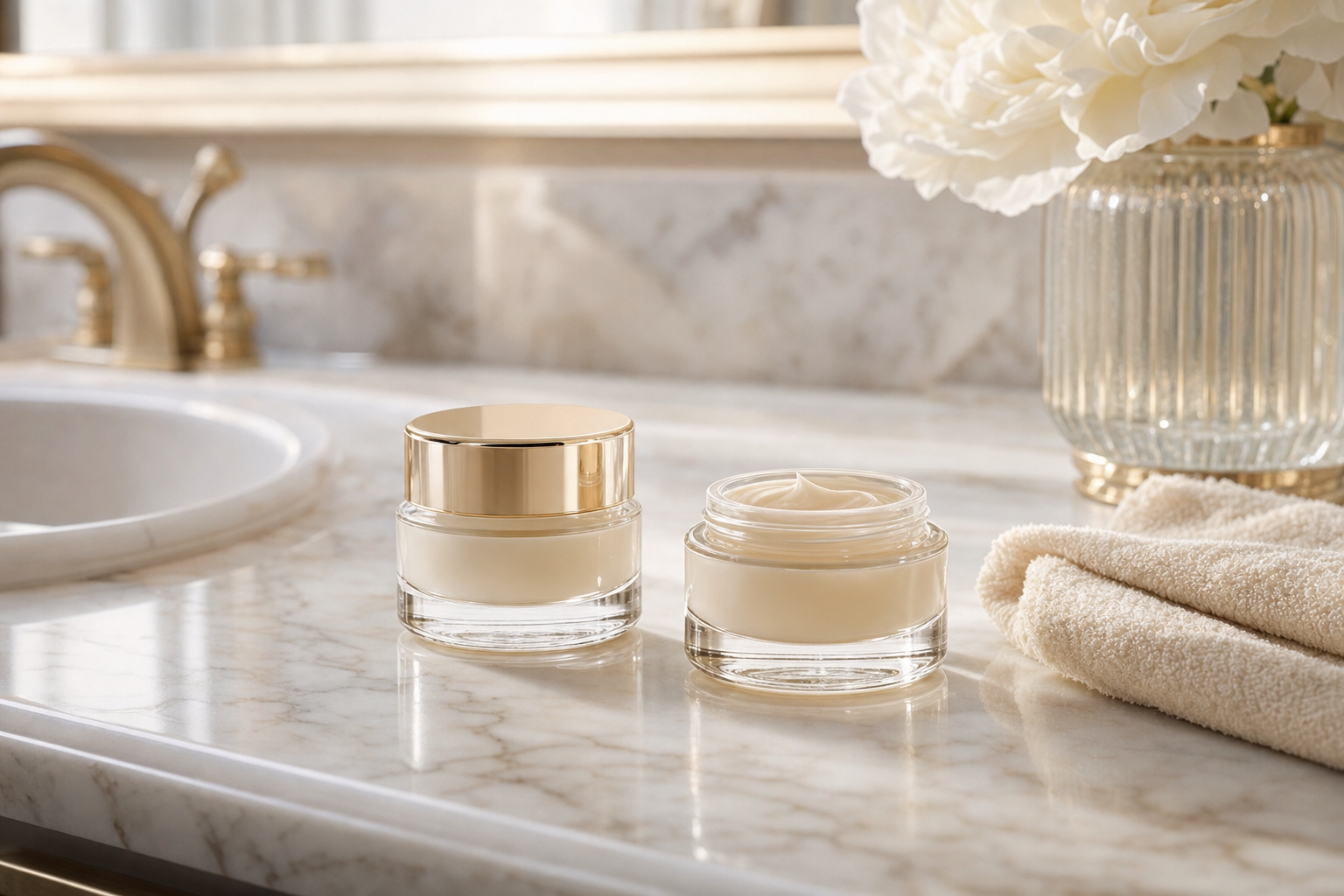 Luxury eye cream products on marble representing a complete eye cream guide for men and women, Belldiva
