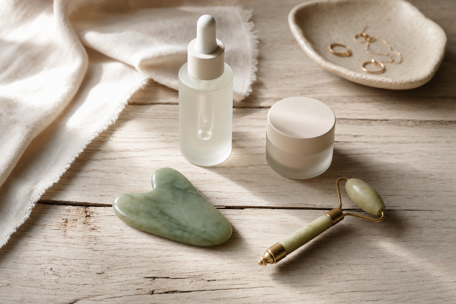 Eye cream ingredients including caffeine serum peptide cream and hyaluronic acid on linen, Belldiva skincare