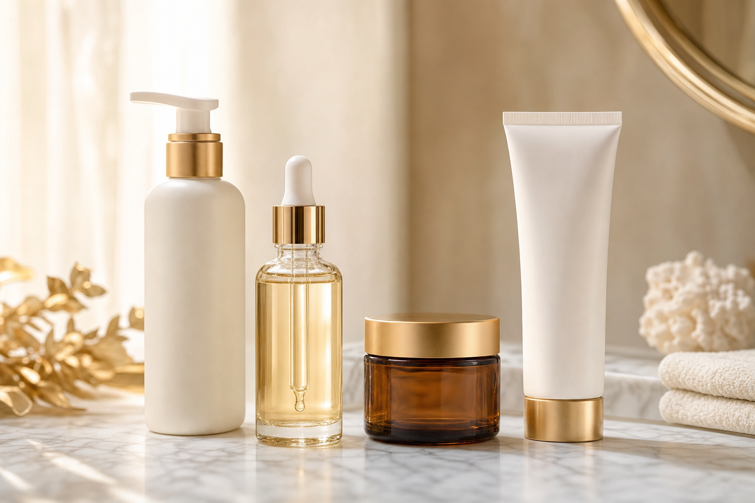 Premium scalp care and hair care products on marble surface representing a scalp health routine, Belldiva