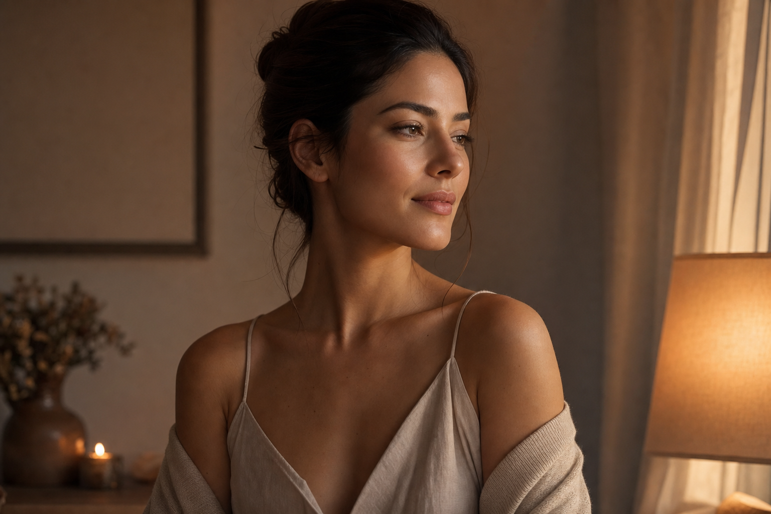 Woman in warm evening light representing a skin cycling evening skincare routine, Belldiva