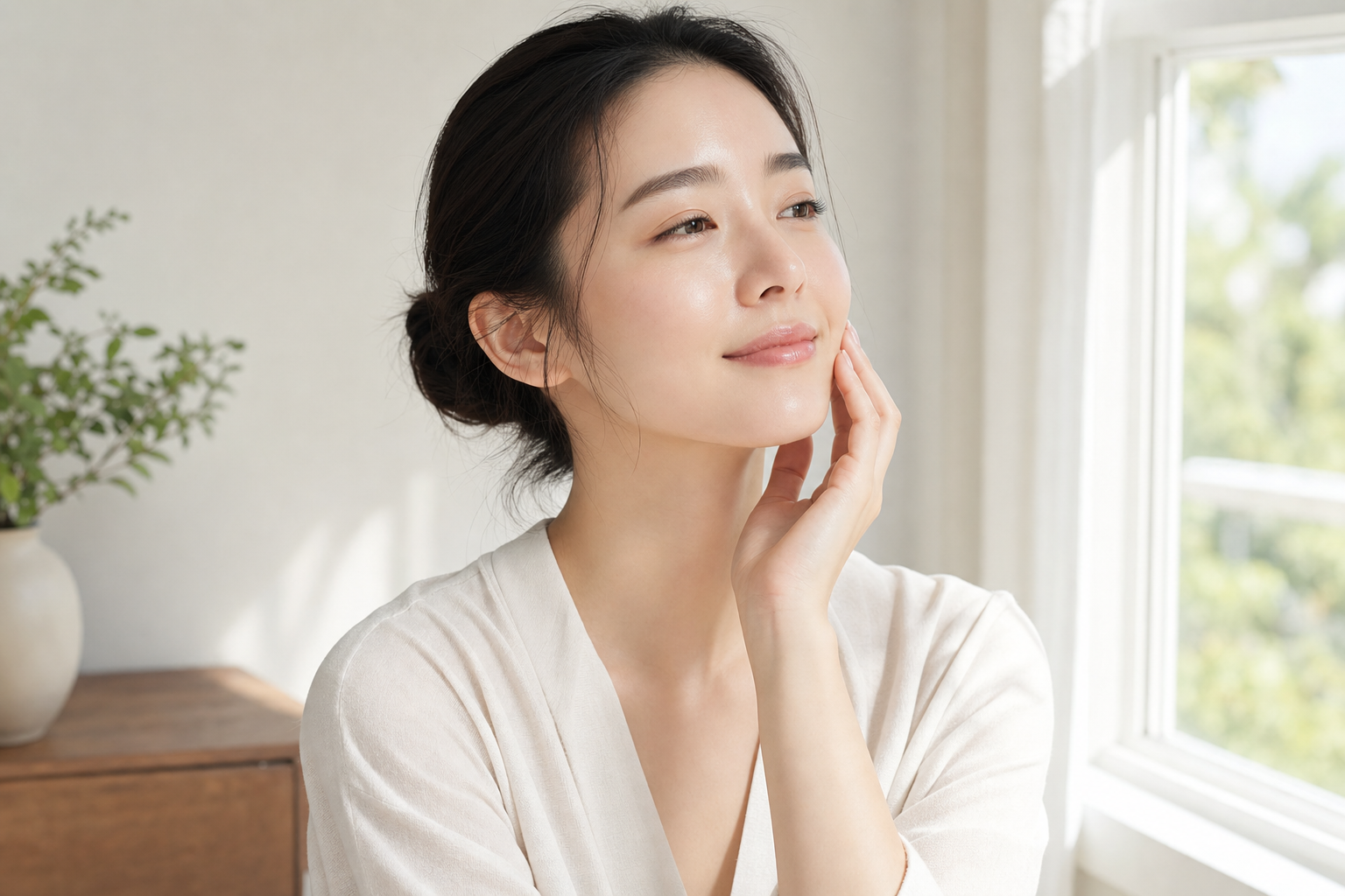 Woman with clear radiant skin touching her face in morning light representing the morning routine during skin cycling, Belldiva