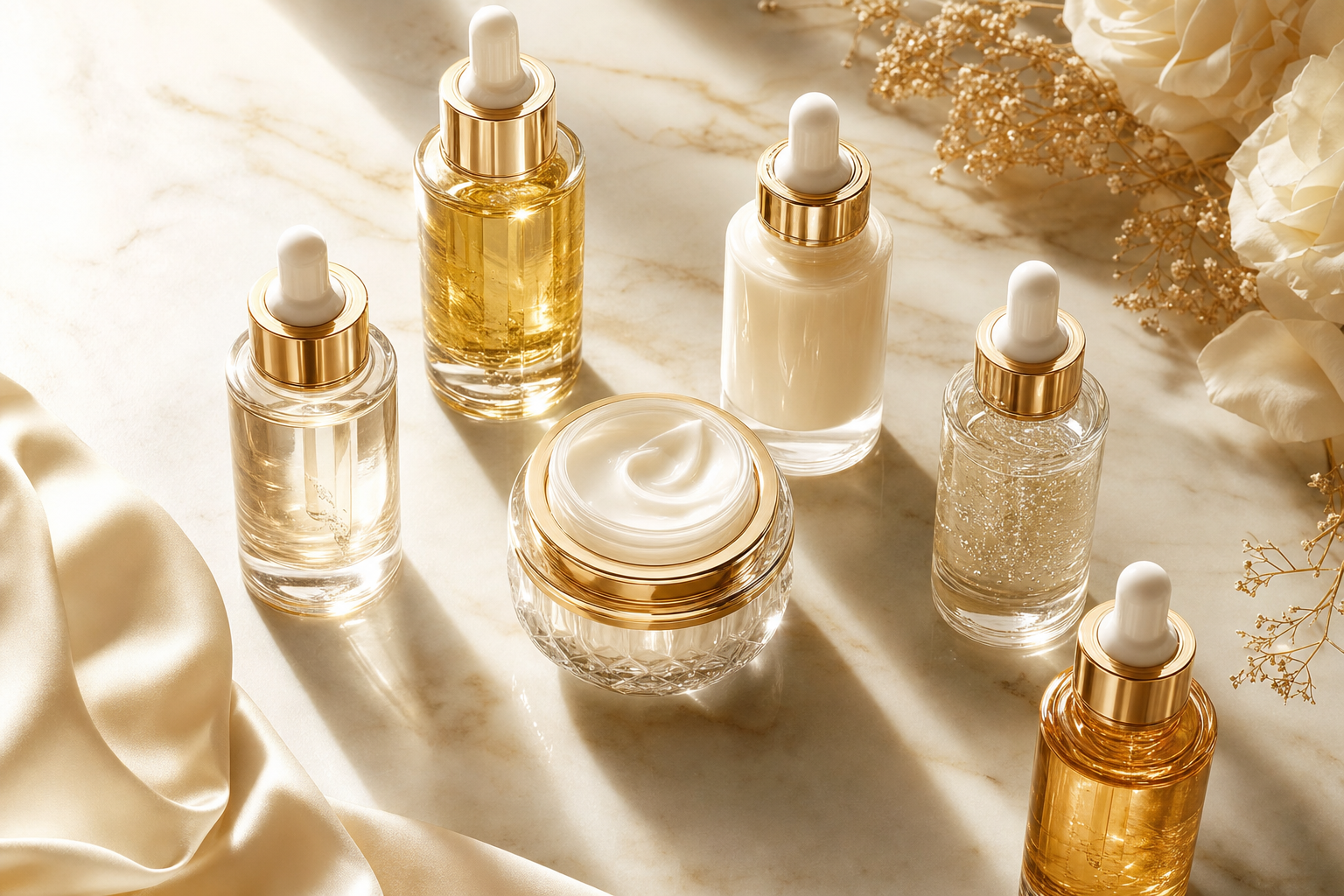 Luxury glass skincare serums on marble representing a skin longevity routine, Belldiva