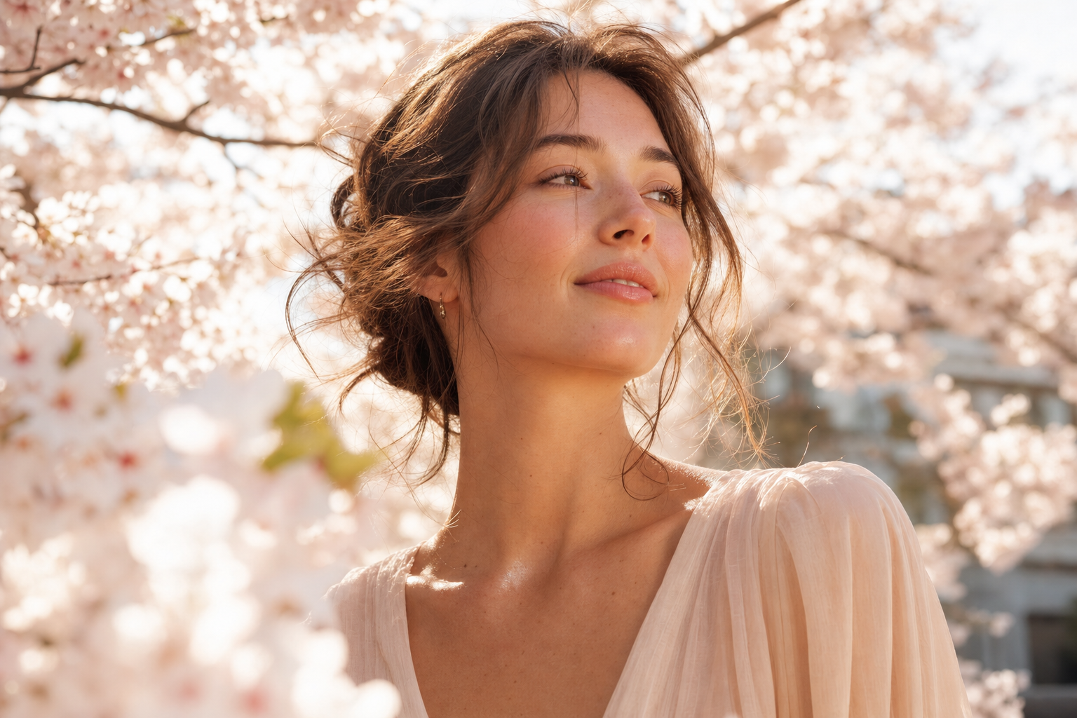 Woman outdoors in soft spring sunlight with radiant healthy skin representing a spring skin reset routine, Belldiva.