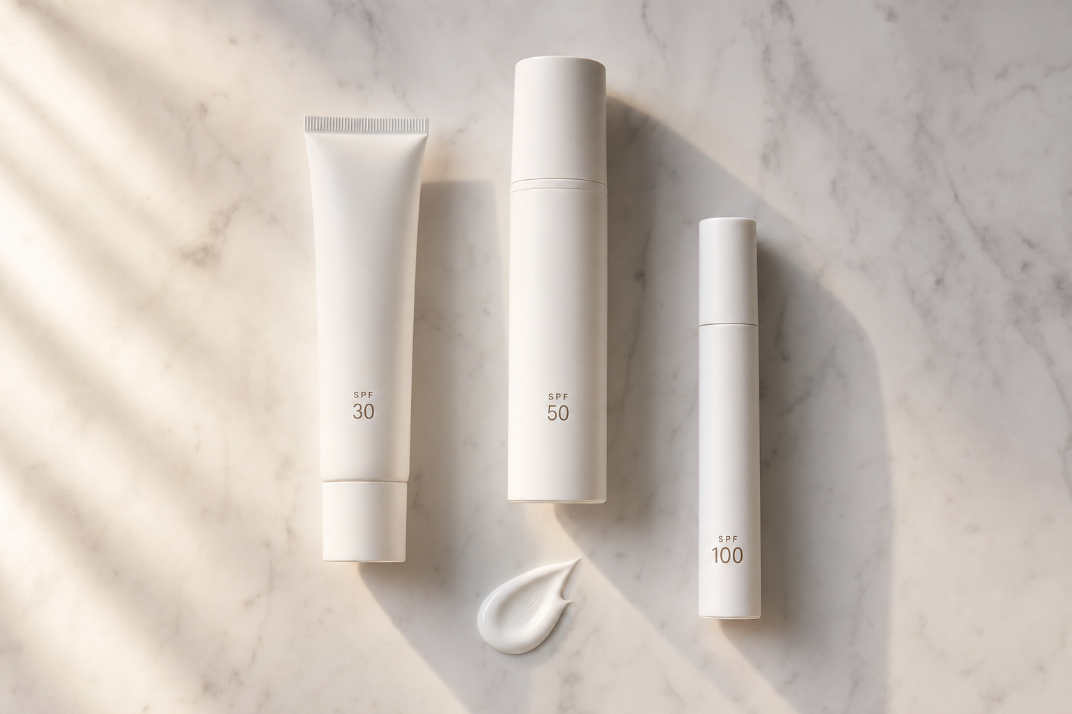 Luxury daily SPF and skincare products on cream marble surface representing a daily SPF skincare routine, Belldiva