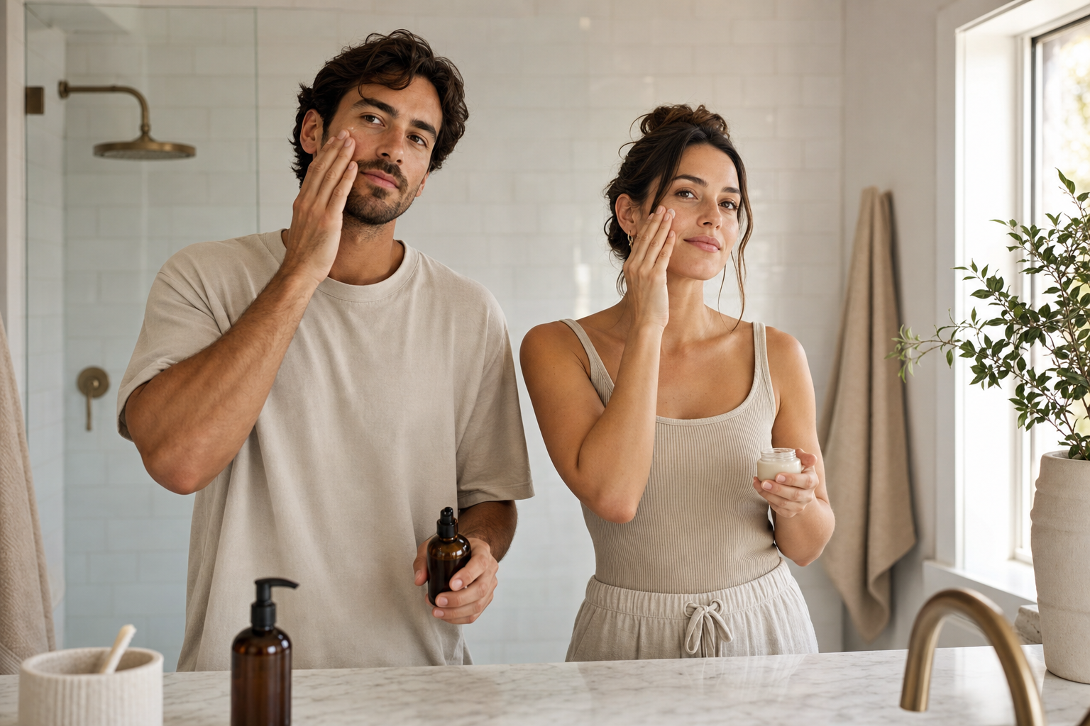 Man and woman applying daily SPF in a morning skincare routine, Belldiva guide to sun protection for men and women