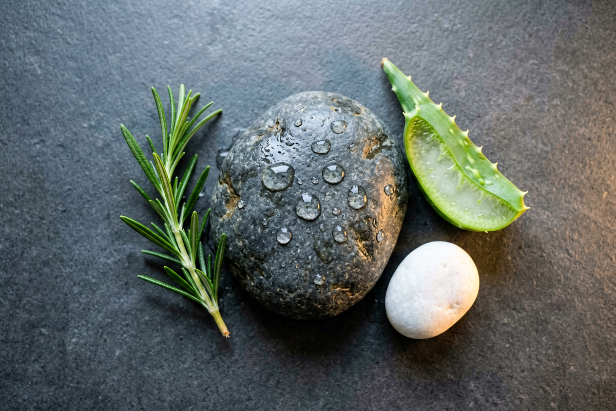 Rosemary sprig, wet dark river stone, sliced aloe vera, and a white pebble on dark slate representing natural active body care ingredients, Belldiva