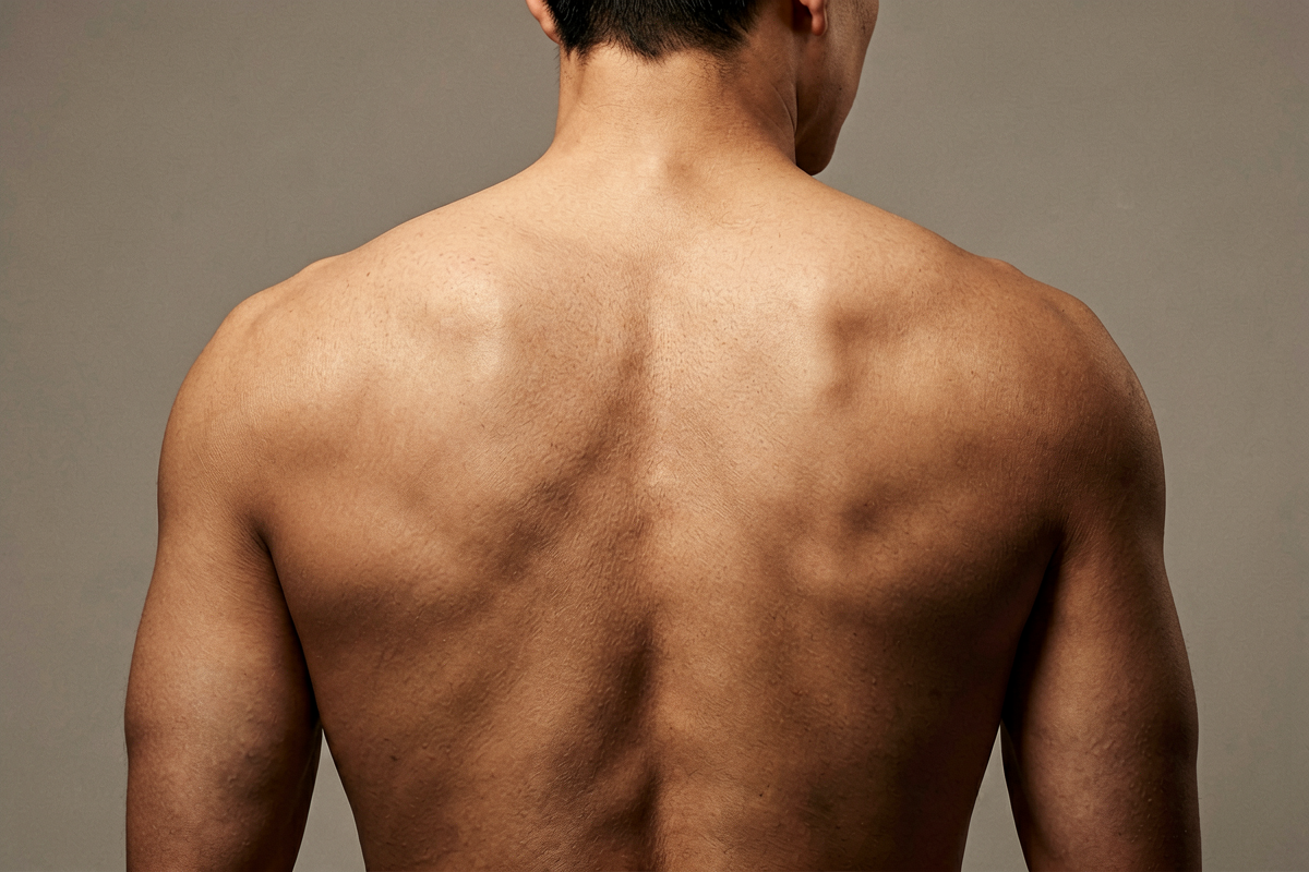 Editorial portrait of a man's bare back and shoulders with smooth even skin against a neutral grey background, representing active body care for men, Belldiva