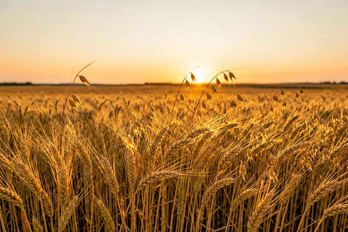 Wide field of oat and barley grass backlit by a golden sunset, representing the natural harvest origins of beta-glucan for skin, Belldiva