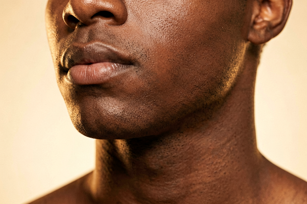Close-up of a Black man's jaw and neck with calm even skin in warm golden light, representing beta-glucan skin hydration and barrier support for men, Belldiva