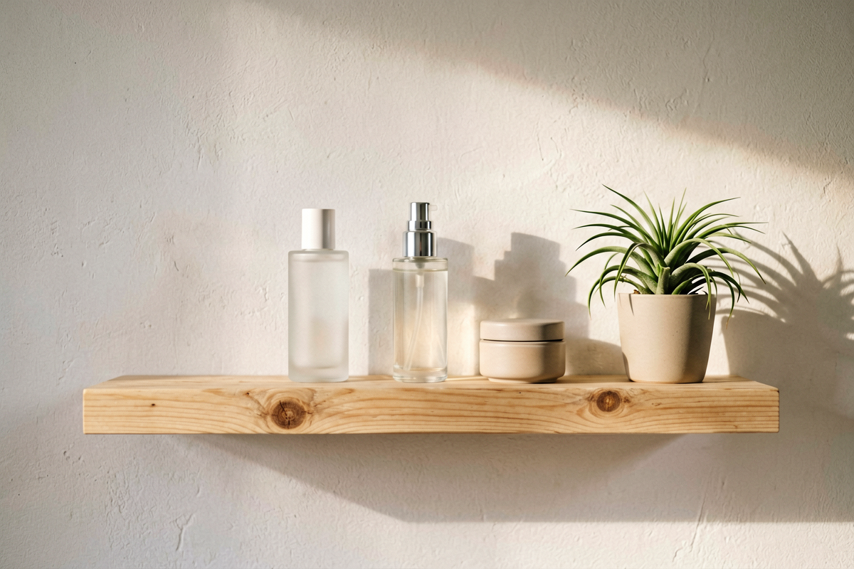 Floating wooden bathroom shelf with unlabelled skincare bottles a small cream jar and an air plant in warm afternoon light, representing a simple beta-glucan skincare routine, Belldiva