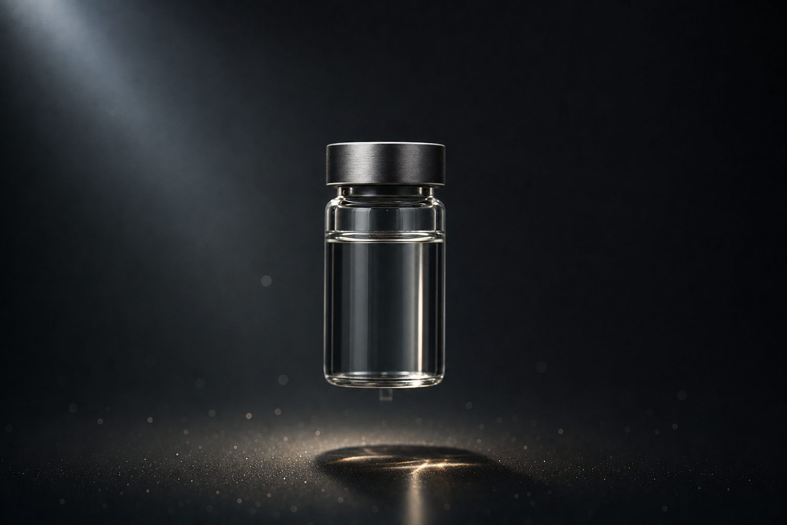 Exosomes skincare serum vial suspended in dramatic dark studio lighting with golden light reflection below