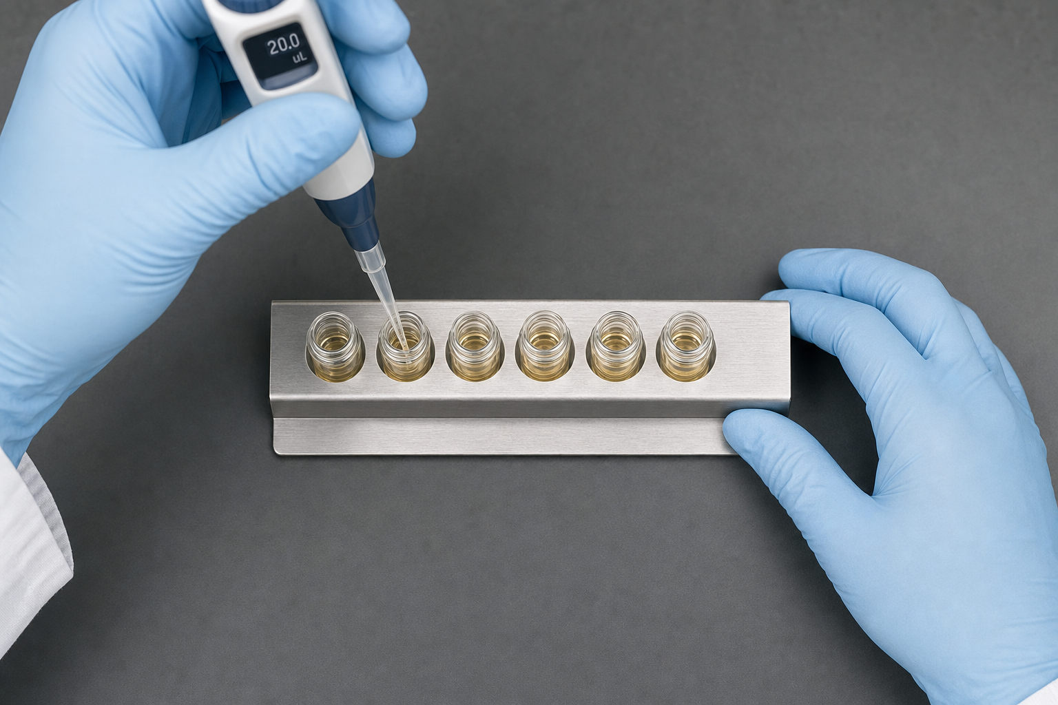 Gloved hands using a precision pipette to fill a row of glass sample vials in a laboratory setting