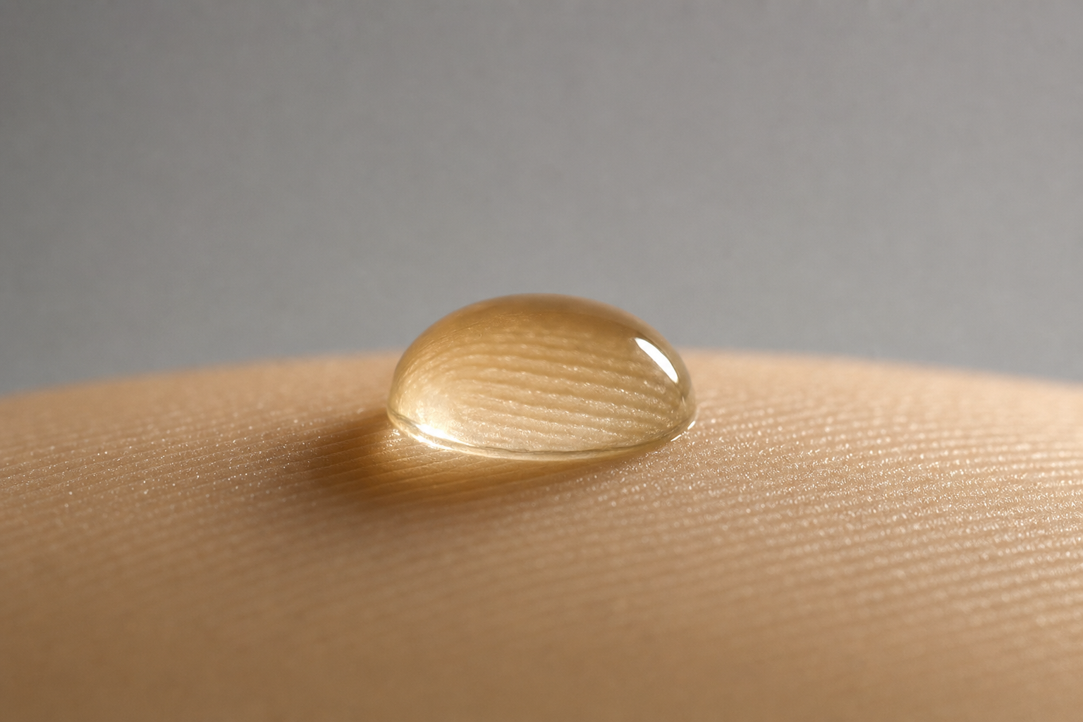 Macro close-up of a single golden droplet resting on the surface of skin, illustrating topical absorption