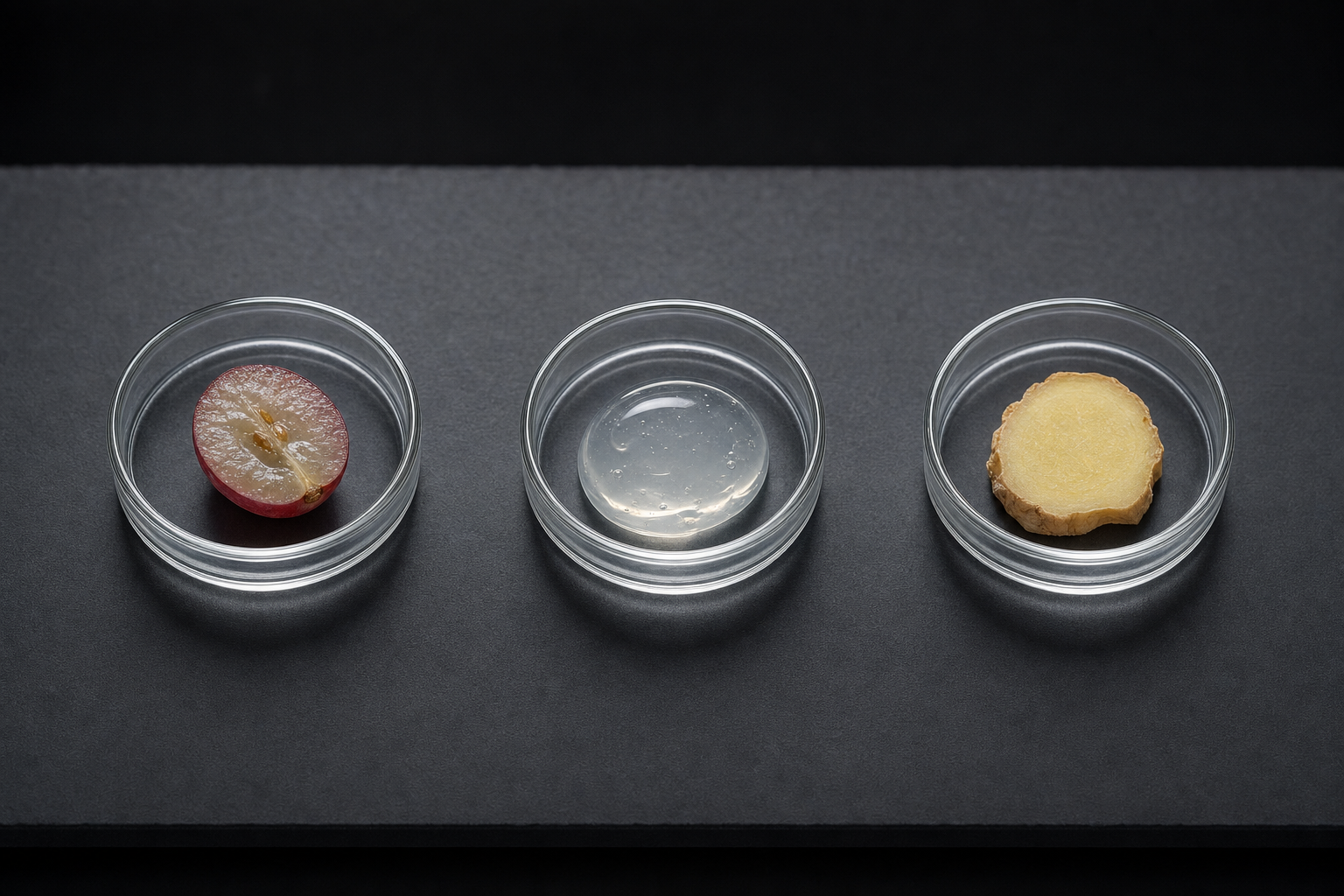Three petri dishes displaying a grape, a clear gel sample, and ginger root representing different exosome sourcing types