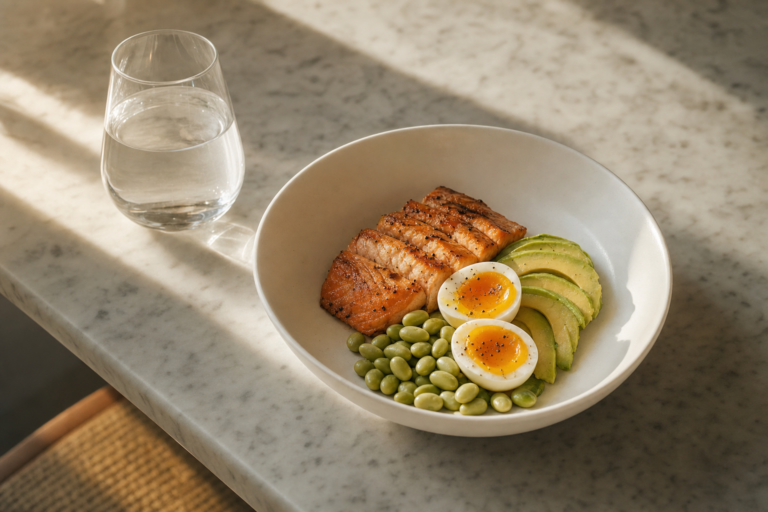 A composed protein-rich meal bowl containing grilled salmon, soft-boiled eggs, edamame, and avocado on a marble surface beside a glass of water, representing deliberate high-protein nutrition as the most important internal intervention for skin during GLP-1 therapy, Belldiva