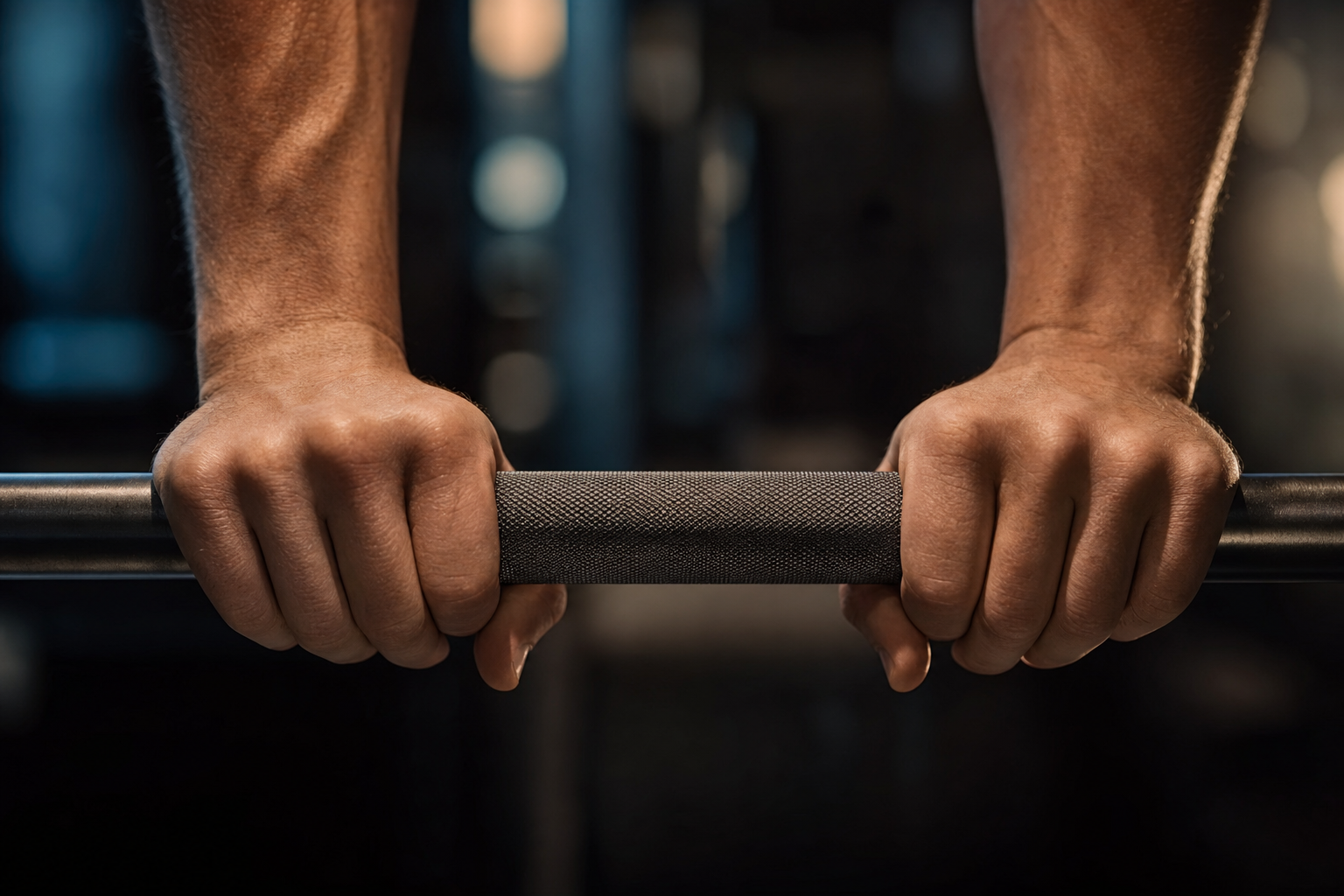 Close-up of two hands gripping a barbell at the knurling with deliberate strength, representing resistance training as the most effective strategy for preserving lean mass and skin structure during GLP-1 weight loss, Belldiva