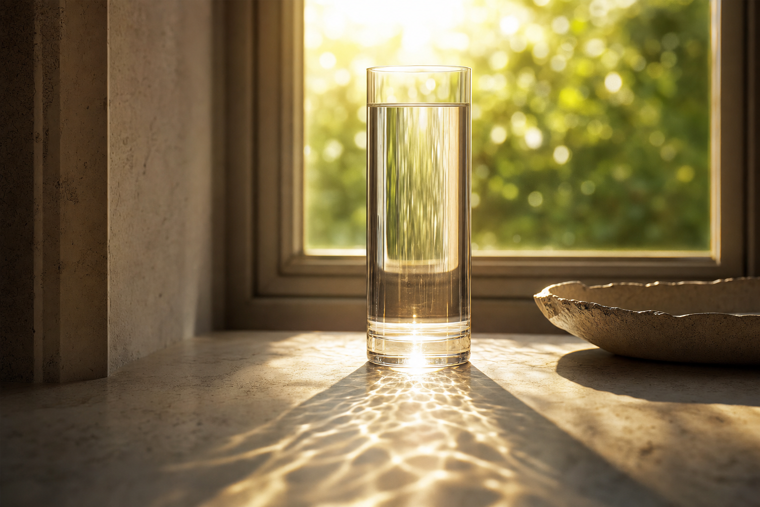 A tall clear glass of water backlit by warm morning sunlight on a stone windowsill with a green garden view behind, representing intentional daily hydration as a key skin intervention for GLP-1 users, Belldiva