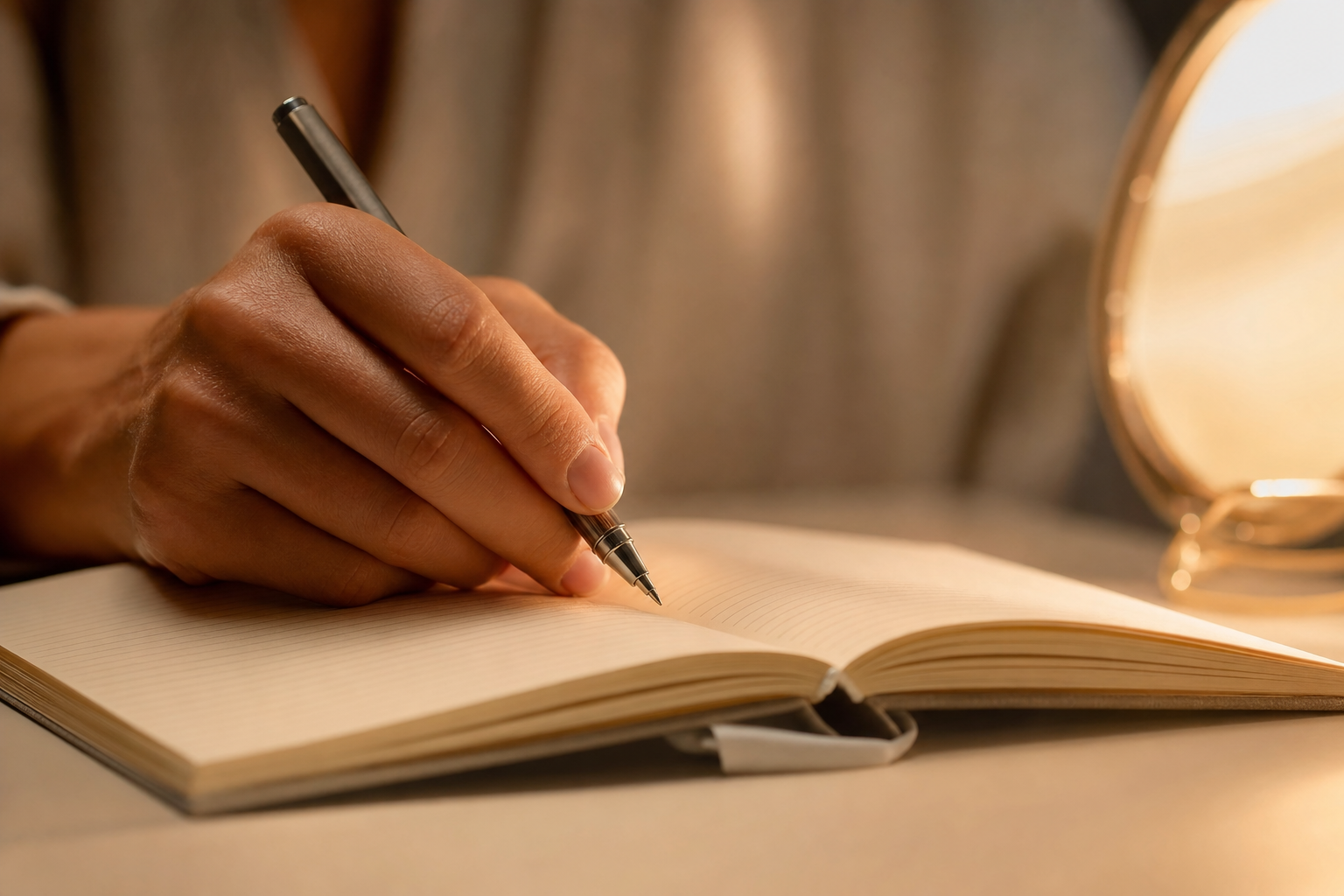 A hand writing in an open journal with a fine-line pen in warm amber lamp light, representing the deliberate and informed approach to tracking physical change during GLP-1 and Ozempic face skincare therapy, Belldiva