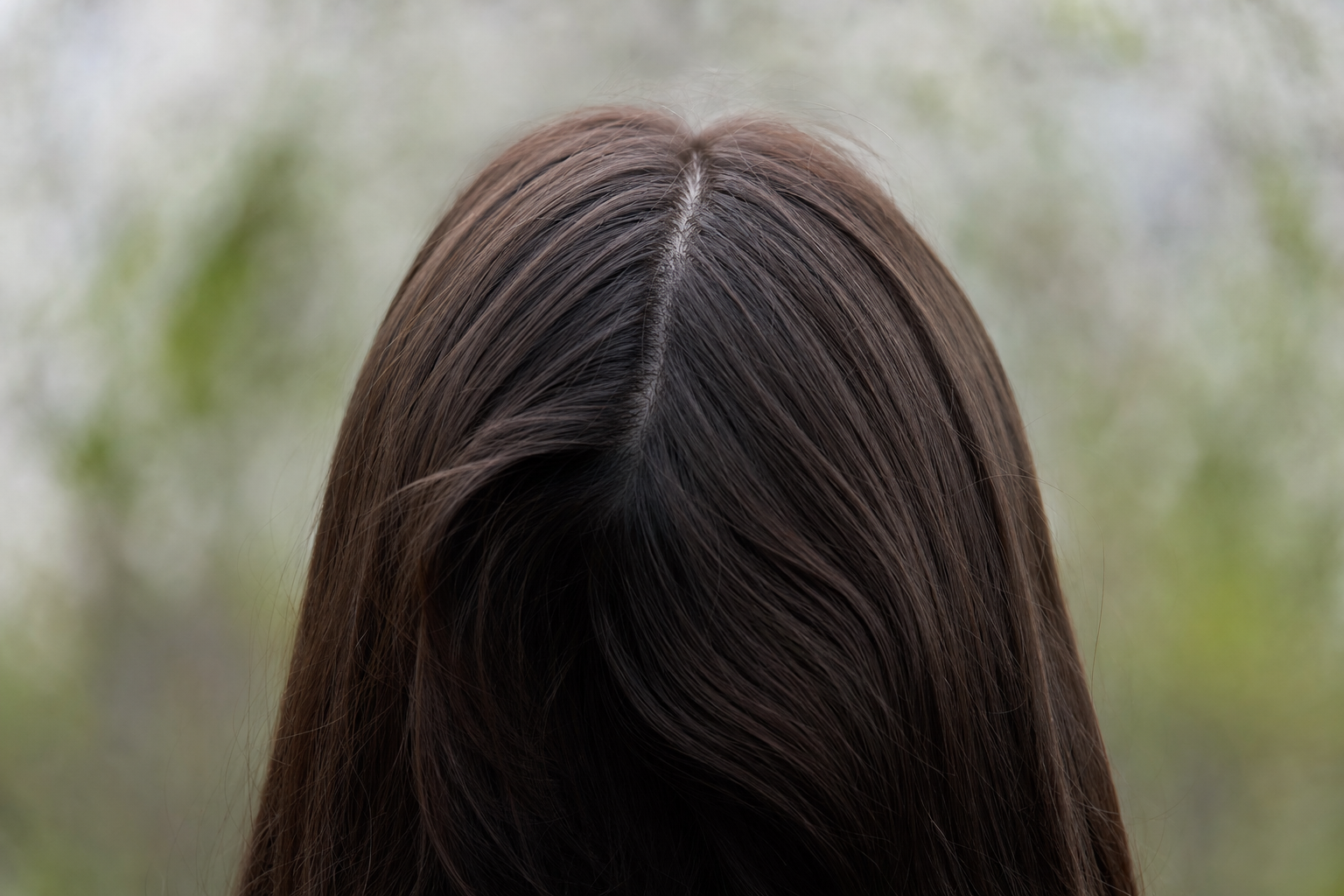 Woman seen from behind with thick centre-parted dark brown hair against a soft blurred outdoor background, representing healthy hair density and hair longevity, Belldiva