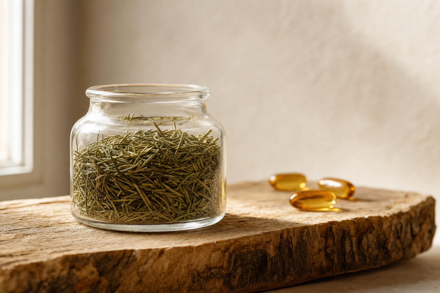 Glass jar filled with dried rosemary beside three amber softgel capsules on a raw wood slab, representing botanical and supplement actives for hair longevity, Belldiva