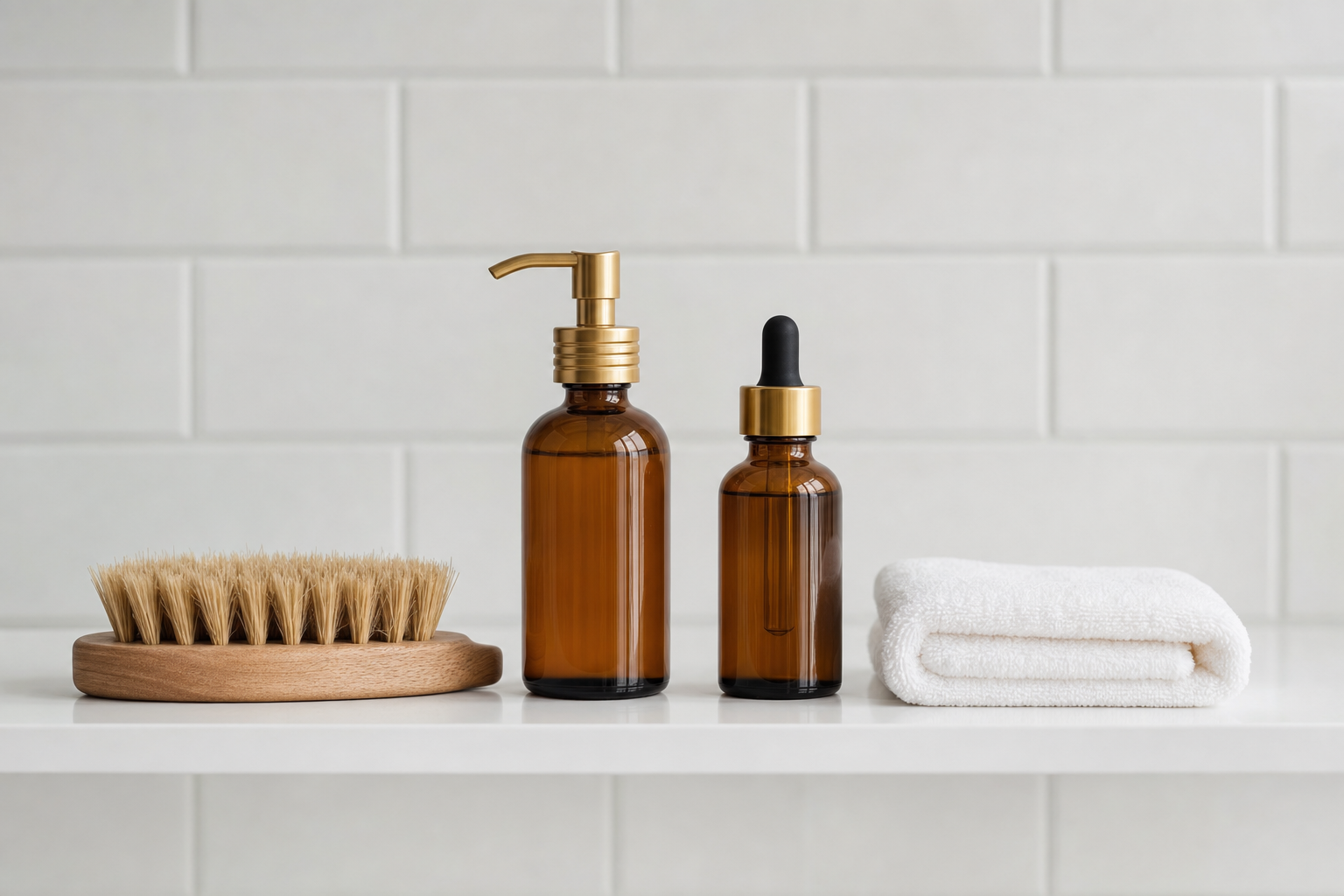 Two amber glass bottles with gold hardware and a natural boar-bristle brush on a white bathroom shelf with white subway tile background, representing a hair longevity scalp care routine, Belldiva