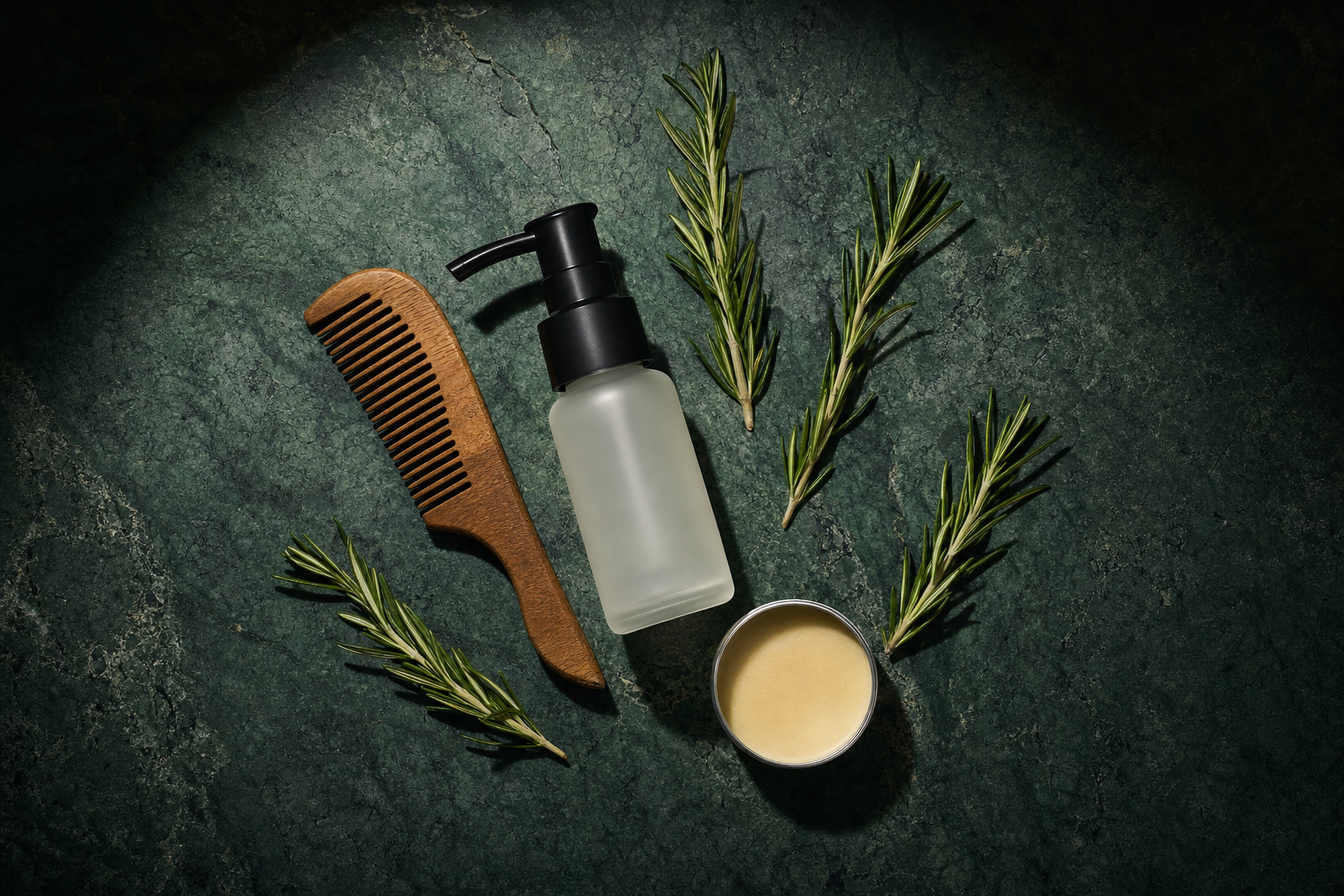 Overhead flat lay on dark green stone showing a wooden comb, frosted glass pump bottle, open tin of hair balm, and fresh rosemary sprigs, representing a hair longevity routine, Belldiva