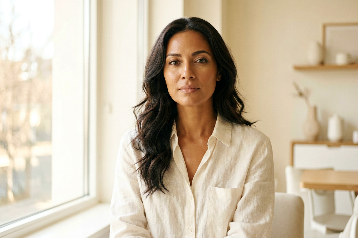 Woman in soft morning light with luminous skin representing a hormone skincare routine, Belldiva