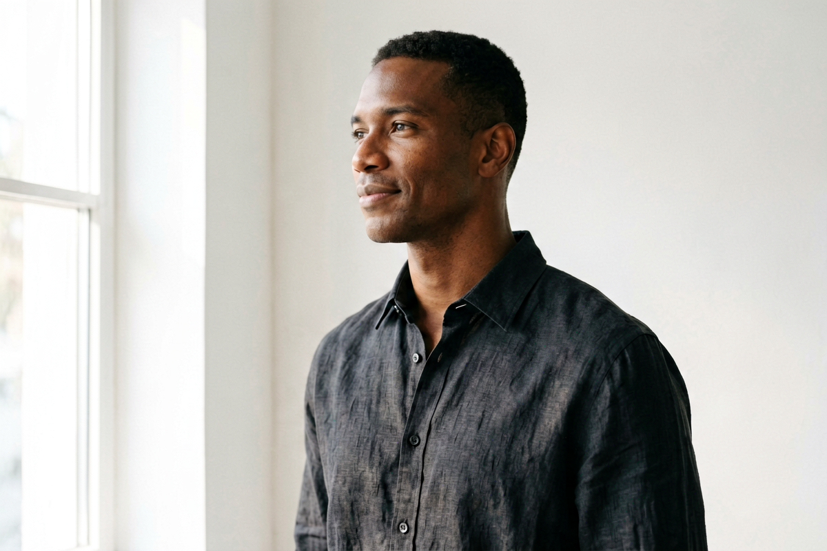 Man with healthy skin in natural light representing andropause and men's hormone skincare routine, Belldiva