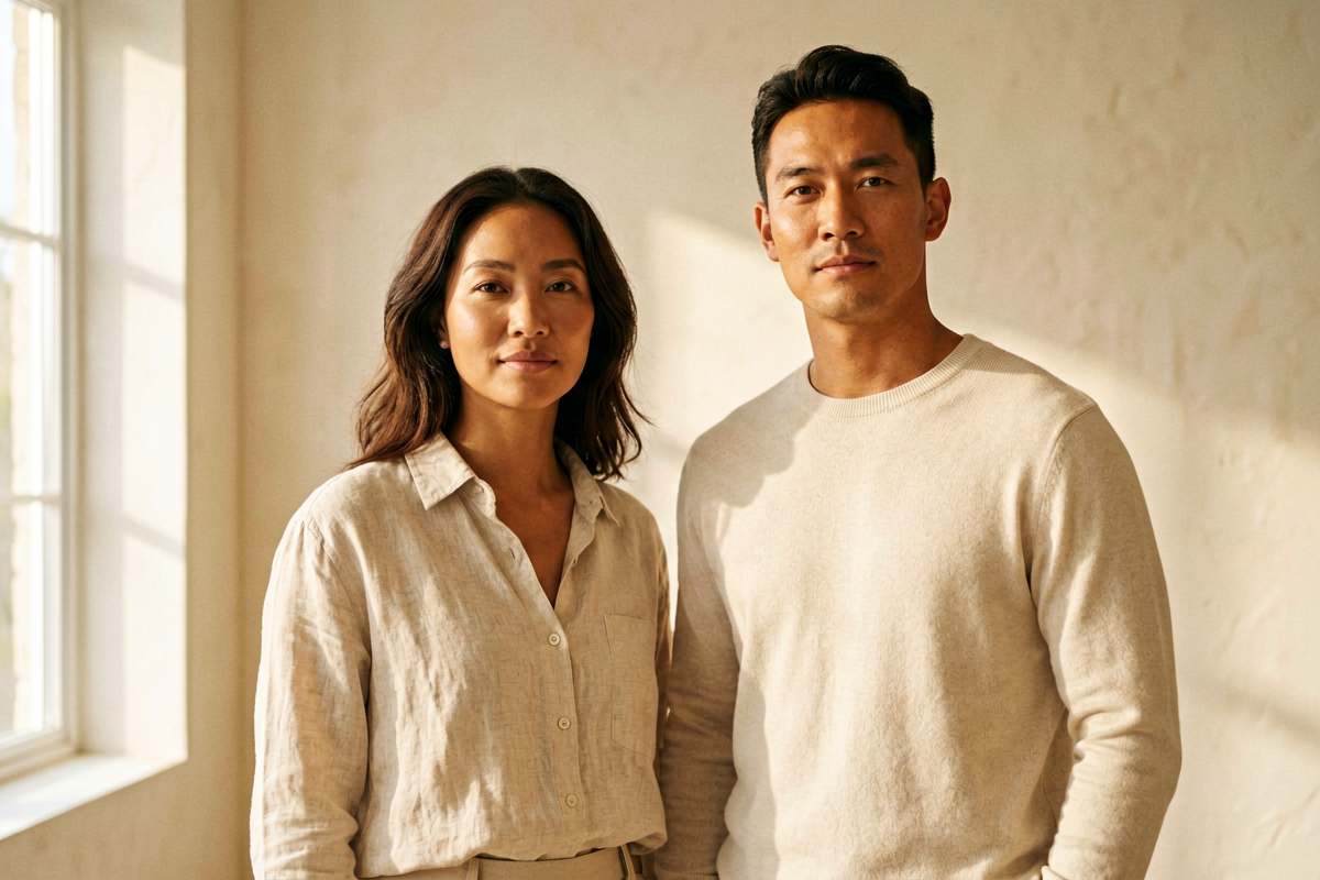 Woman and man with healthy skin representing hormone skincare routine for all genders, Belldiva