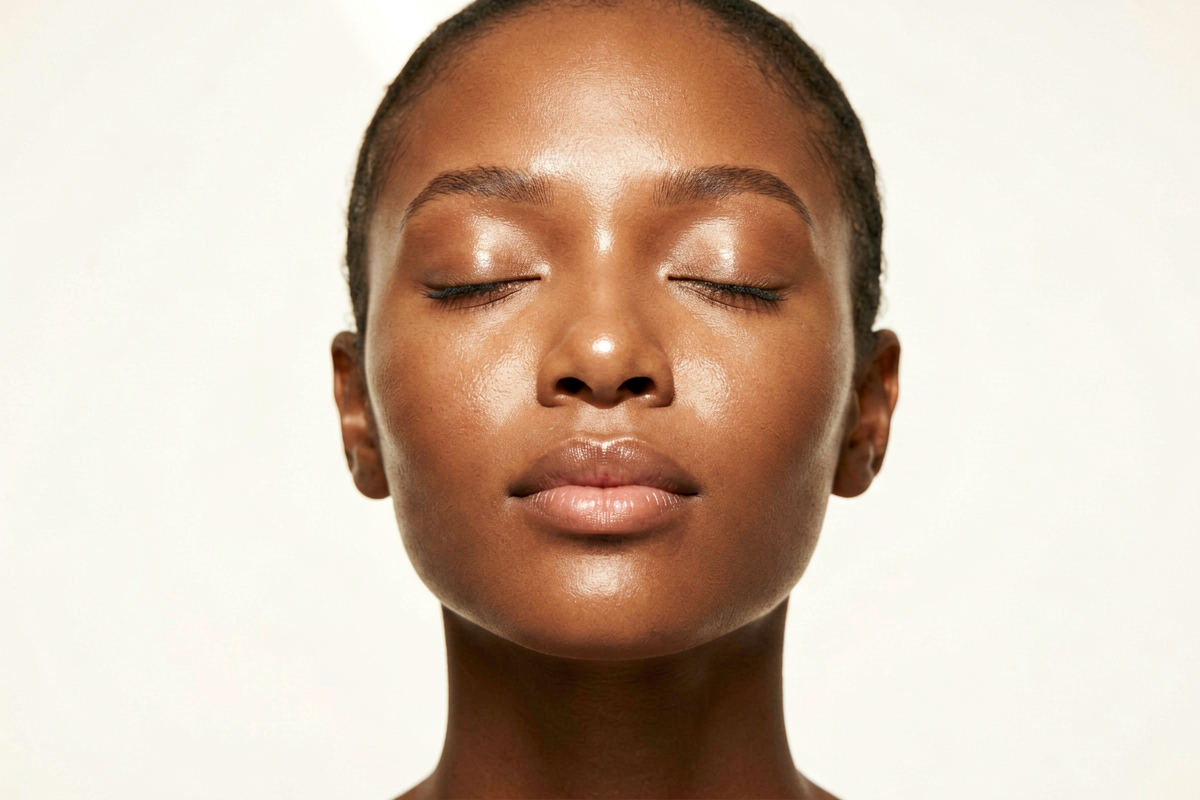 Editorial portrait of a Black woman with luminous even-toned glowing skin and eyes closed against a warm cream background, representing the results of a consistent minimalist skincare routine, Belldiva