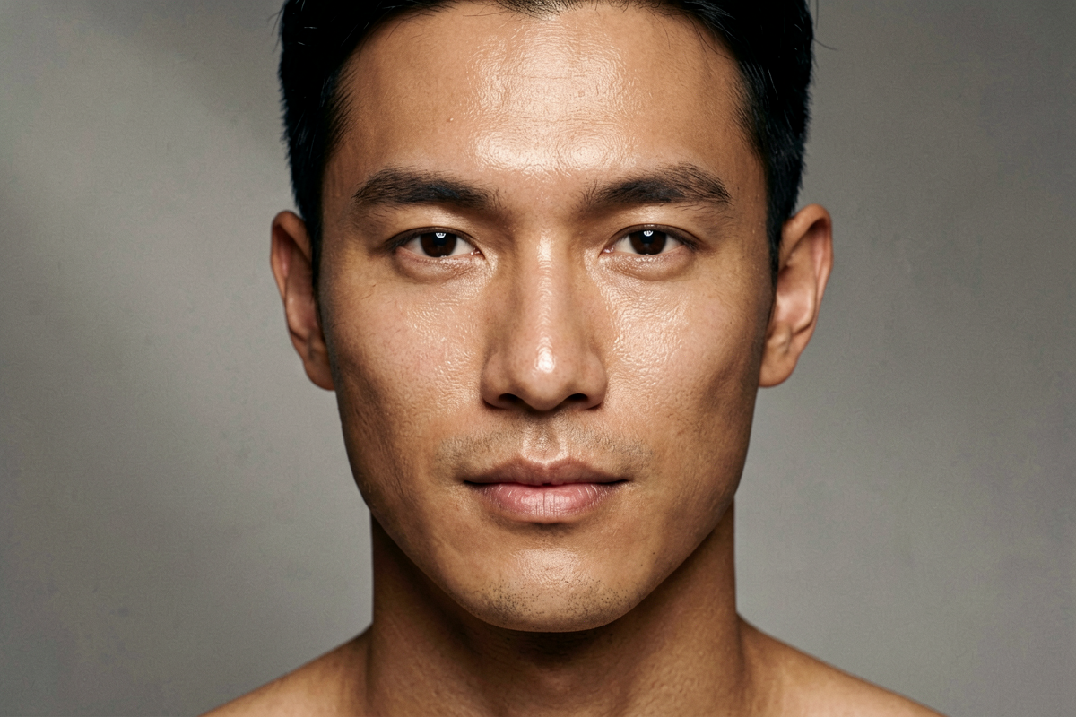 Editorial portrait of a man with smooth even healthy skin and a calm direct gaze against a neutral grey background, representing the results of a consistent men's minimalist skincare routine, Belldiva