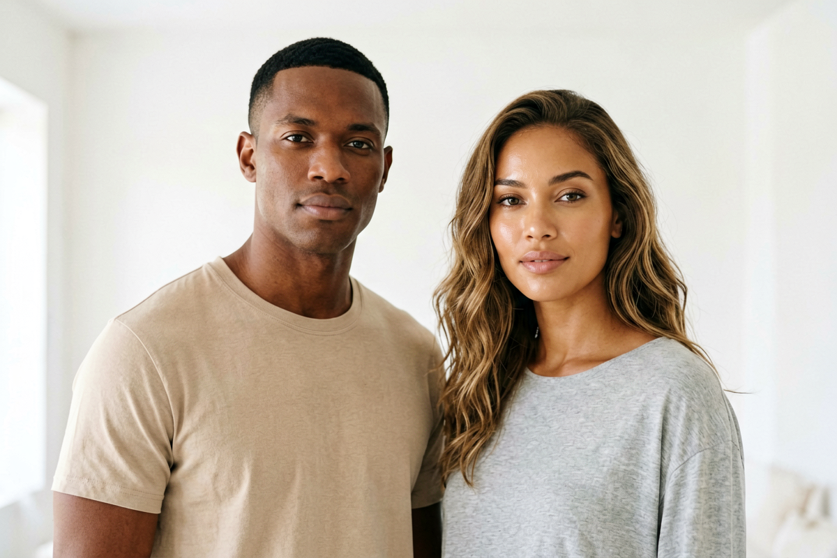 Man and woman with clear healthy skin representing niacinamide for skin as inclusive for all genders and skin types, Belldiva