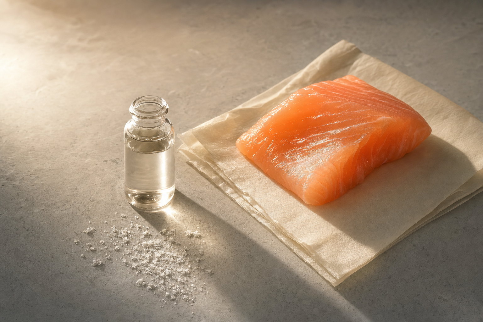 Luxury editorial still life of a fresh salmon fillet on cream parchment paper beside a clear glass vial of liquid and scattered white crystals on a pale stone surface, representing the biological origin of PDRN derived from salmon DNA, Belldiva