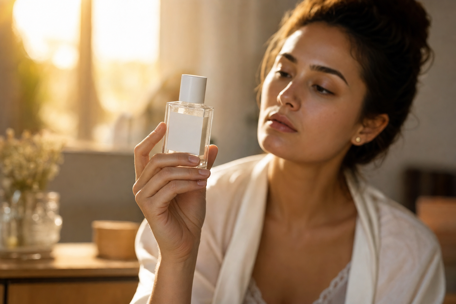 Woman examining a clear glass skincare bottle in warm golden light, representing the informed and considered approach to evaluating PDRN skincare formulation, concentration, and ingredients, Belldiva