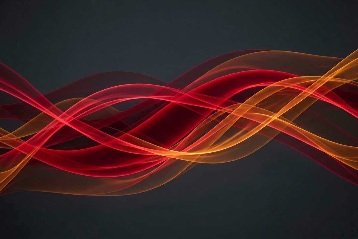 Abstract fine art photograph of layered red and amber light wavelengths interweaving against a dark background, representing the red and near-infrared wavelengths used in red light therapy for skin, Belldiva