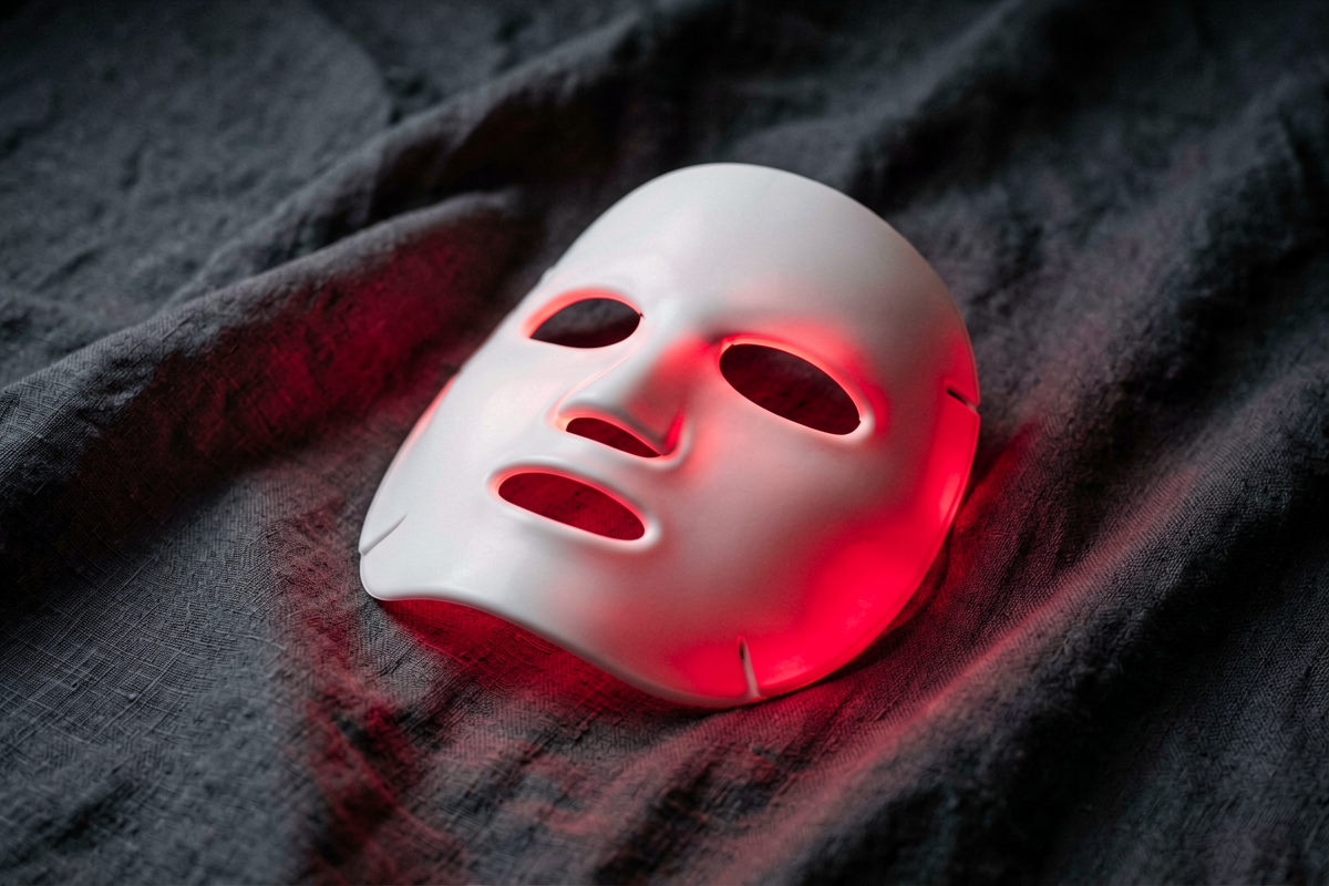 White LED face mask glowing with deep red light resting on dark grey linen, representing an at-home red light therapy for skin device, Belldiva