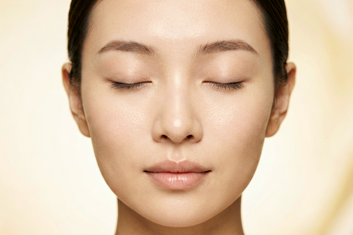 Editorial portrait of a woman with luminous calm even-toned skin and eyes closed against a warm cream background, representing the collagen and skin renewal results of consistent red light therapy for skin, Belldiva