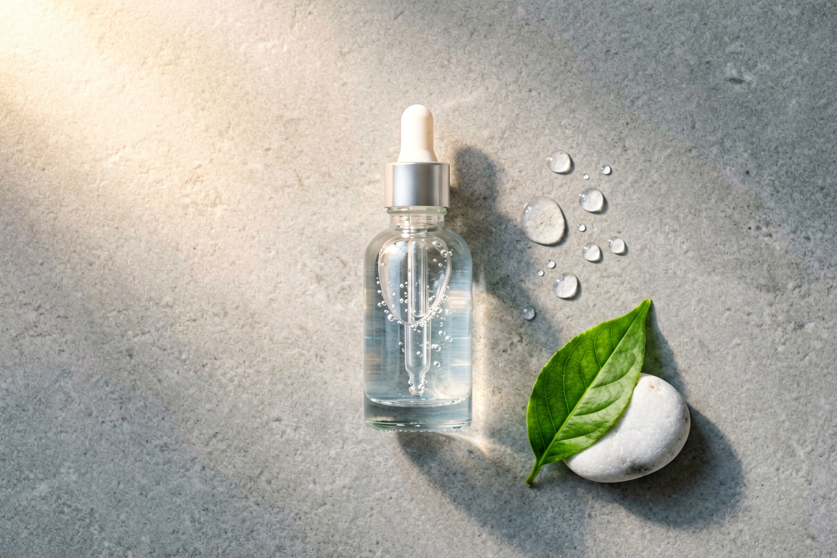 Minimalist skincare bottles with oat sprigs and aloe on cream linen, representing gentle barrier repair ingredients, Belldiva