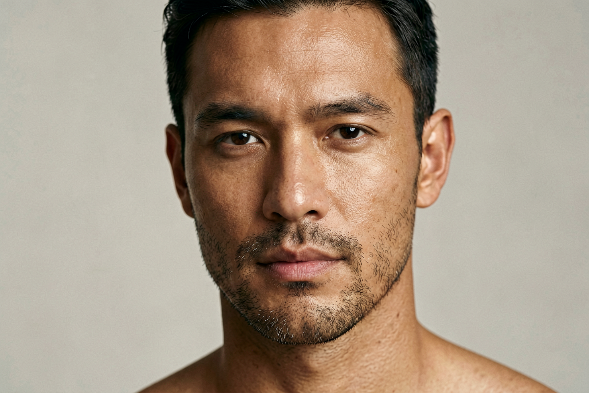 Man with calm healthy skin in editorial portrait lighting, representing skin barrier repair for men and women, Belldiva