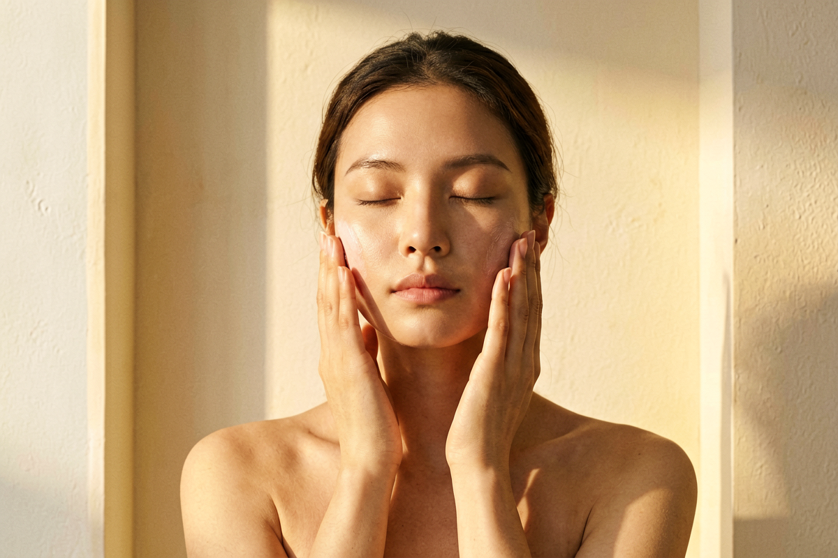 Minimalist morning skincare routine products on cream linen, representing a barrier repair routine with cleanser serum moisturiser and SPF, Belldiva
