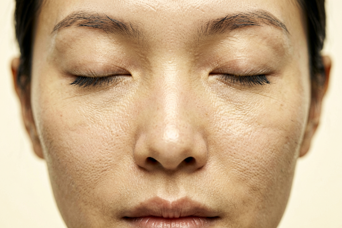 Extreme close-up of a woman's face with eyes closed showing natural fine skin texture and pores, representing the invisible living skin microbiome ecosystem, Belldiva