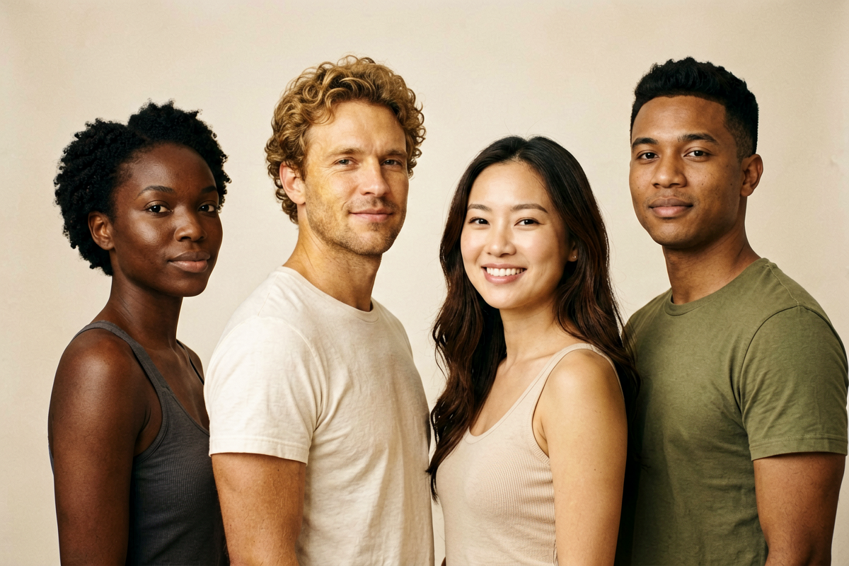 Four people of different ethnicities and skin tones standing together, representing the microbial diversity that defines a healthy skin microbiome, Belldiva