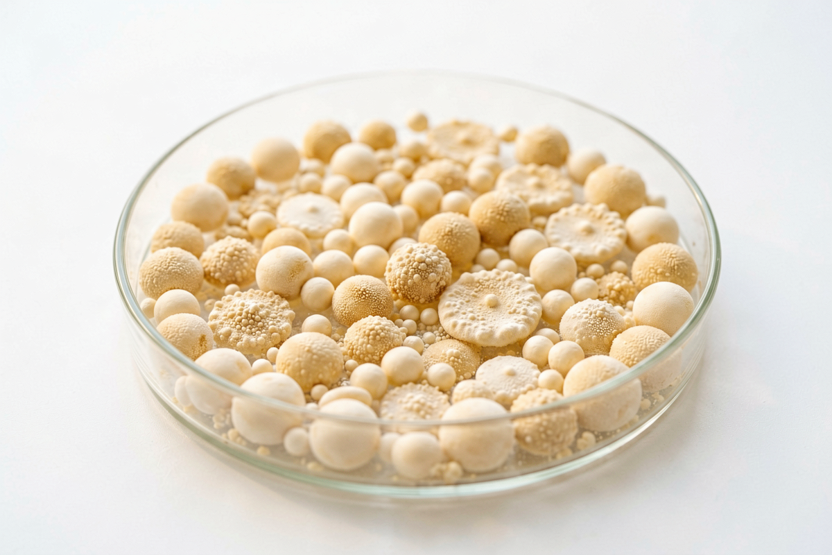 Petri dish showing a rich variety of bacterial colonies of different sizes and textures, representing the diverse microbial community disrupted by harsh cleansing and over-exfoliation, Belldiva