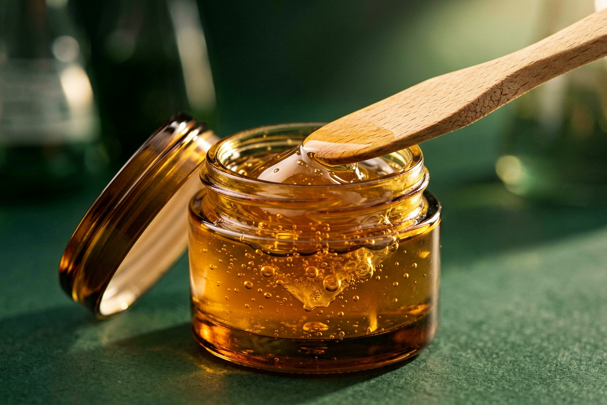 Open glass jar of rich amber fermented liquid with a wooden spatula, representing the bioactive postbiotic ingredients that support a balanced skin microbiome, Belldiva