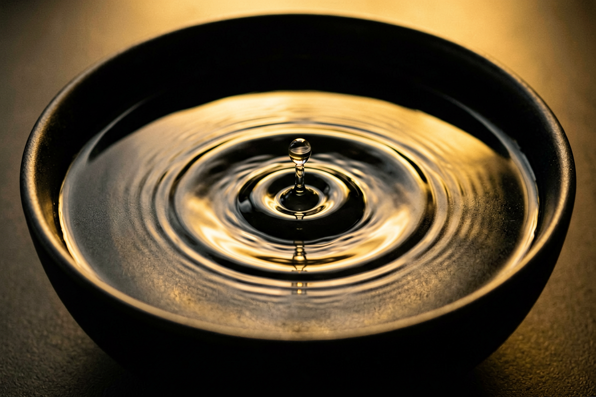 A single water droplet creating concentric ripples in a dark bowl of still water, representing how an internal disturbance from stress eventually reaches the surface of the skin, Belldiva