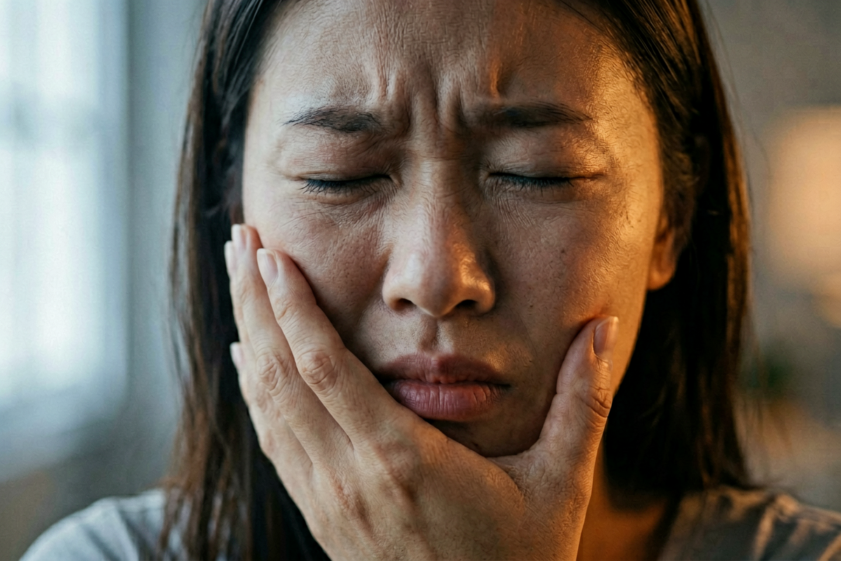 Woman pressing her hand against her cheek with eyes closed and a furrowed brow, showing visible physical tension, representing how cortisol and stress reach the skin and skin barrier, Belldiva