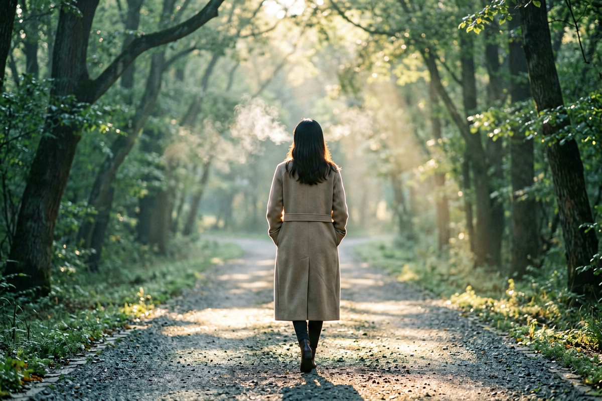 Woman walking alone along a quiet tree-lined path in soft morning light with her breath visible in the cool air, representing time in nature as a way to lower cortisol and support skin health, Belldiva
