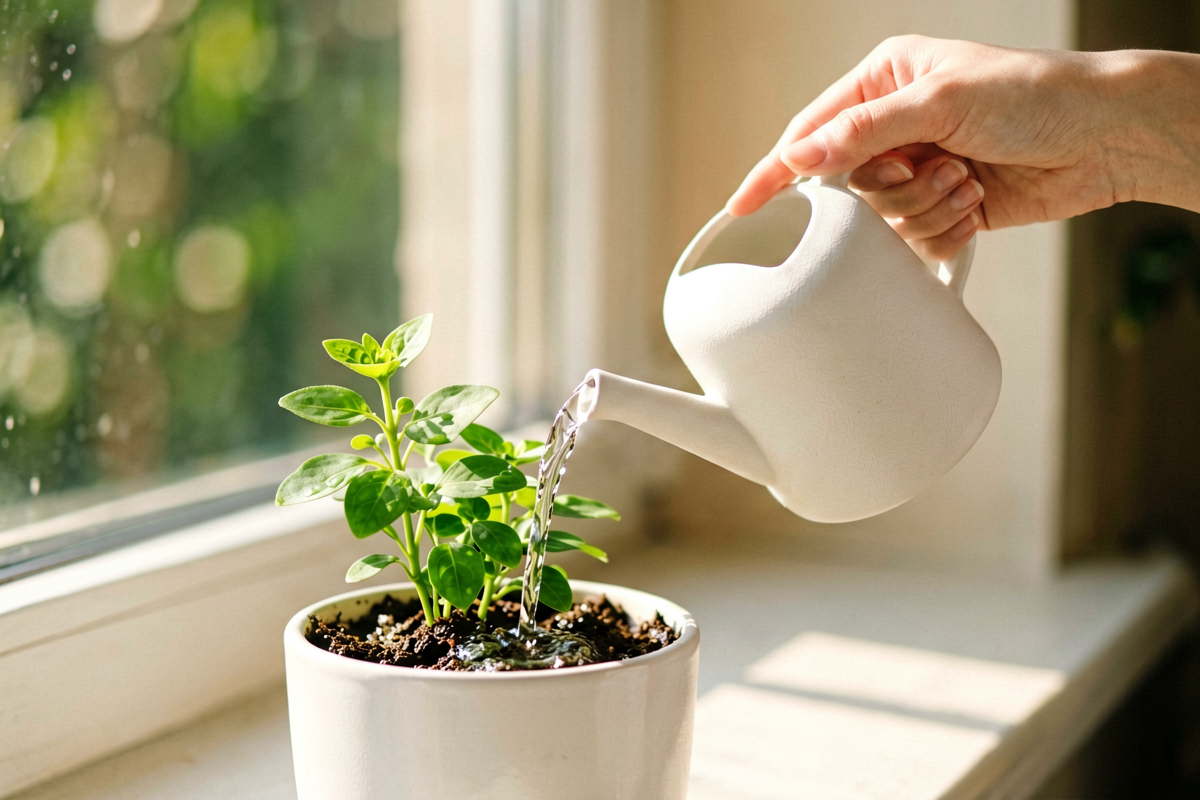 A hand gently watering a small green plant on a sunlit windowsill, representing the slow steady care that helps skin and the body recover after a stressful period, Belldiva