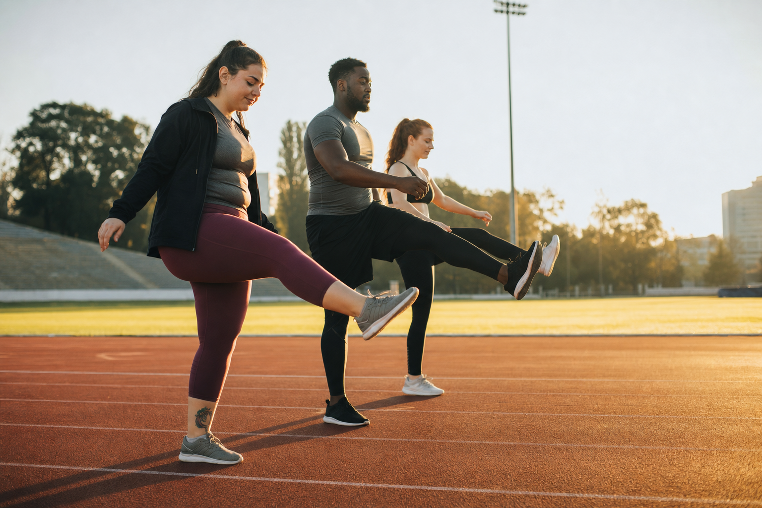 Three people performing dynamic leg swings together on an outdoor track at sunrise, representing the stretching and conditioning work most training routines skip, Belldiva